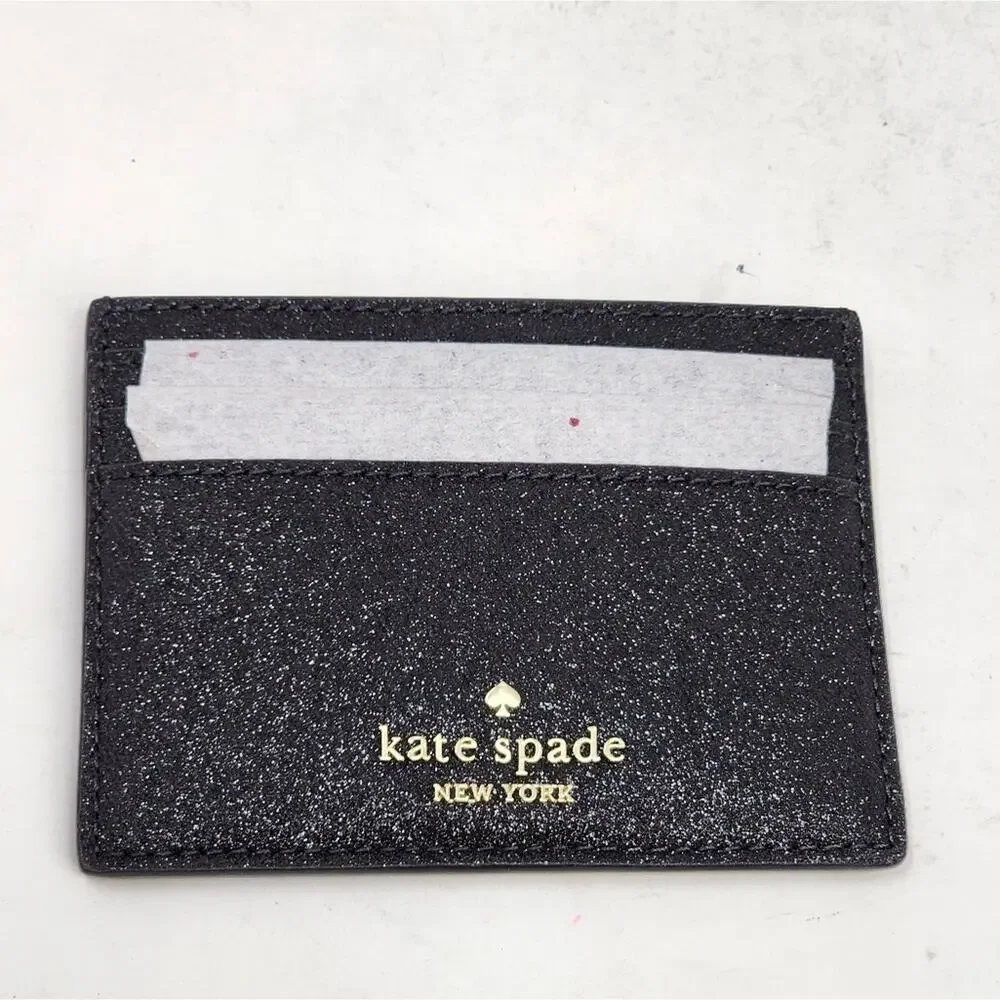 Kate Spade‎ New Black Wallet Cardholder Small Slim Leather Glitter Gift Box NWT - Picture 3 of 11